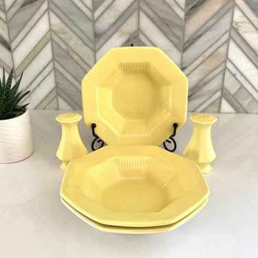 Daffodil  Independence Ironstone Interpace Fruit/Desert/Sauce Bowls, Salt and Pepper Shakers, Vintage, 70s, Yellow Octagonal, Dinnerware 