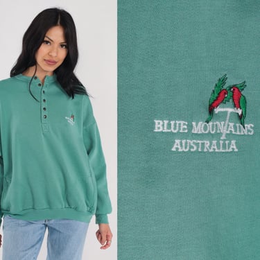 Blue Mountains Sweatshirt 90s Australia Sweatshirt Green Henley Embroidered Parrot National Park Shirt Retro Sweater Vintage 1990s Large L 