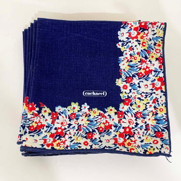 Vintage Navy Blue Napkins Set of 12 Cacharel Matching Fabric Cotton Designer Flowers Roses Flower Floral Square Cotton 1980s 