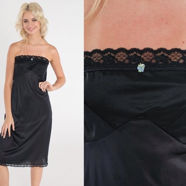 Black Strapless Nightgown 70s Lace Trim Slip Midi Lingerie Dress Empire Waist Blue Rosette Flower Retro Gothic Nightie Vintage 1970s Small S 