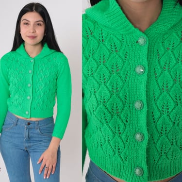 Bright Green Hooded Cardigan 70s Pointelle Knit Button up Cropped Sweater Cutout Crop Top Hoodie Boho Hippie Hood Acrylic Vintage 1970s 2xs 