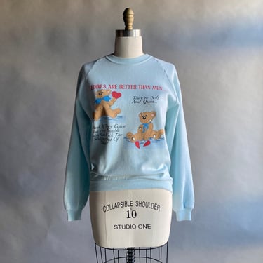 Vintage 1980s Teddy Bear Raglan Sweatshirt / Vintage Teddies are better than Men Sweatshirt / Vintage Feminist / Funny 80s Sweatshirt Large 