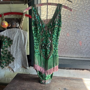 Vintage 1940s Green Knit Dance Costume Playsuit Sequins Heart Romper Fringe