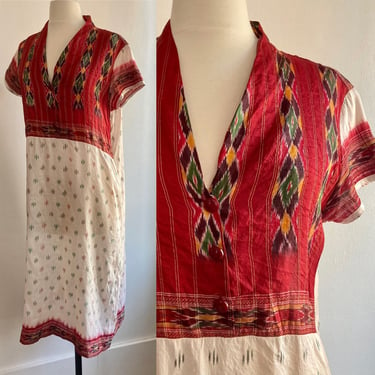 Vintage 80s SILK IKAT Print Dress / Gold Lurex Threads / Empire Waist Kaftan Style 