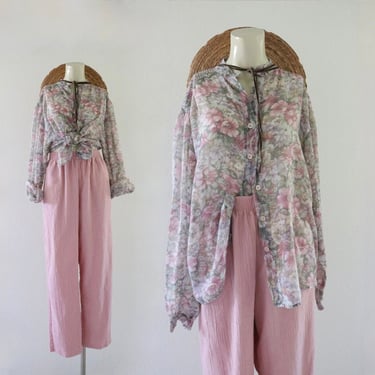 sheer floral button top - xl - vintage 70s 80s soft long sleeve sheer spring summer pastel cute cottage shirt blouse size extra large 