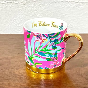 Lilly Pulitzer 12 oz Coffee Tea Mug I’m Feline Fine Pink & Blue 