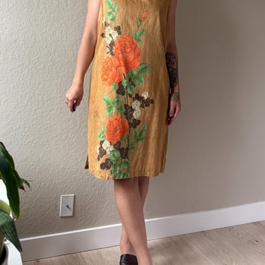 60s Cotton Rose Dress 60s Screen Printed Cotton Dress Vintage Rose Dress 60s Made in Japan Dress 60s Midi Dress Orange Roses Vintage Size L 