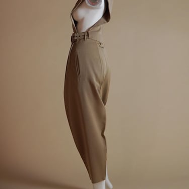 F/W 1988 Jean Paul Gaultier rare matching set tan suit with open sides made of a dicky and high-waisted pants with matching belt 