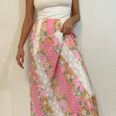 70s cotton maxi skirt / vintage pink floral polkadot cotton mixed print patchwork quilt boho hostess long maxi skirt | Large 