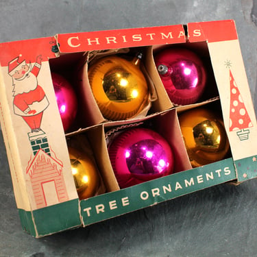 Vintage Christmas Large Glass Ornaments in Bold Pink & Gold | Set of 6 in Original Box | Made in Poland 