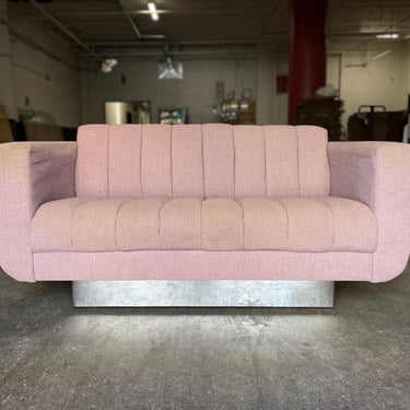 CUSTOMIZABLE Vintage Postmodern Channel Back Tufted Sofa Loveseat with Chrome Base - Mid Century Post Modern Furniture Two Seat Couch 