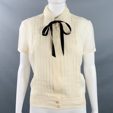 CHANEL Vintage 2003 Cruise Size 8 Cream Black Silk Sheer Pleated Short Sleeve Blouse