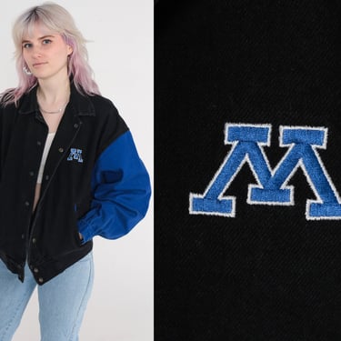 90s Minnetonka High School Jacket Bomber Jacket Letterman Jacket Varsity Jacket Vintage 1990s Black Blue  Minneapolis-St. Paul Small S 