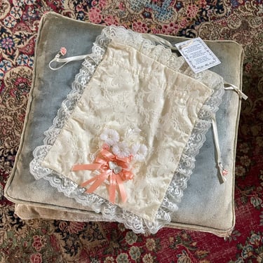 Vintage ‘80s cream lace bridal keepsake bag | vintage wedding, Lolita aesthetic, prom, pastel peach ribbons, girly, lingerie bag 