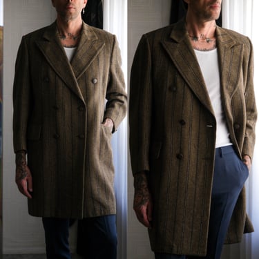Vintage 60s GEOFFREY BEENE COLLETION Herringbone Stripe Double Breasted Distressed Overcoat w/ Brass Logo Buttons | 1960s Designer Mens Coat 