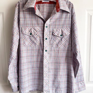 60's Challenger Mens Vintage Long Sleeve Shirt, Button Down Oxford, LARGE, 47" Chest, 1960's, 1970's Plaid 