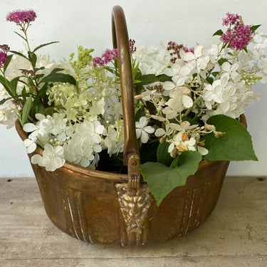 Vintage Metal Coal Scuttle Inspired Basket, Modified Design, Hammered Brass, Lion Heads, Fire Place Decor, Hearth,  Metal Planter 