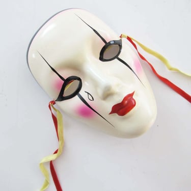 80s Ceramic Clown Mask - White Harlequin Painted Crying Face Wall Hanging 