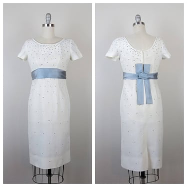 Vintage 1950s white linen dress, wiggle, rhinestones, courthouse wedding, cocktail, evening, semi formal 