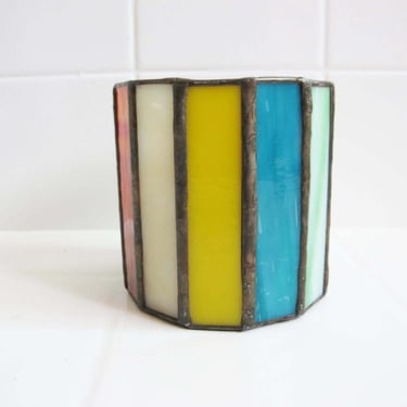 Vintage Stained Glass Tea Light Candle Holder - Handmade Striped Rainbow Glass Candle Holder - Housewarming Friend Gift 