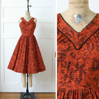 vintage 1950s Hawaiian print sundress • persimmon red & black full skirt cotton summer day dress 
