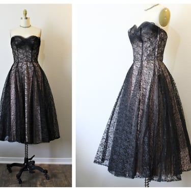 Vintage 1950s Lorrie Deb San Francisco Black Lace and Pink Taffeta Strapless Tulle Cupcake Prom Event Dress  // US 2 4 xs s 