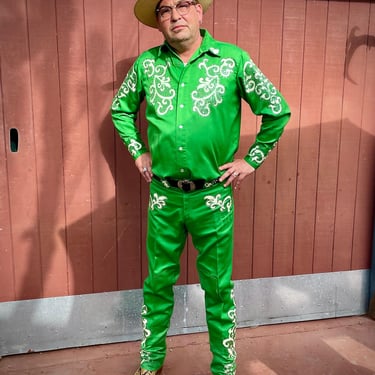 1970s Mens Lime Green Rhinestone Western Rodeo / Parade Suit XL 