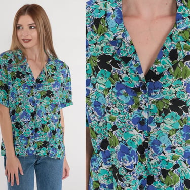 Blue Floral Blouse 90s Button up Shirt Retro Collared Short Sleeve Top Green Black Rose Flower Print Summer Collared Vintage 1990s Medium 10 