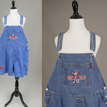 90s Maxine Shorts Overalls - 46" waist - Hallmark Floyd Dog - Embroidered Blue Cotton Jean Bib Shortalls - Vintage 1990s - XXL+ Plus Size 