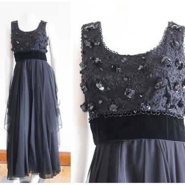 Black chiffon evening gown with sequined bodice 