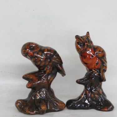 Brown and Orange Owl Bird Ceramic Figurines a Pair 3282B