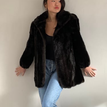 80s faux fur jacket / vintage espresso brown faux mink fur high collar puff sleeve short chubby coat | Medium 