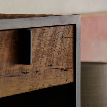 night stand from reclaimed wood and steel - with drawer - salvaged fir, recycled steel - end table, coffee, ottoman - modern vernacular 