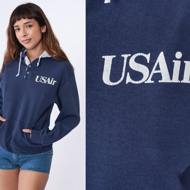 90s US Airways Sweatshirt Blue Airline Hoodie 1990s USAir Henley Drawstring Neckline Graphic Slouchy Vintage Travel Jerzees Small Medium 