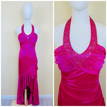 Y2K City Triangles Hot Pink High Low Dress / Vintage Silky Beaded Halter Ruffled Ruched Wrap Dress / Small 