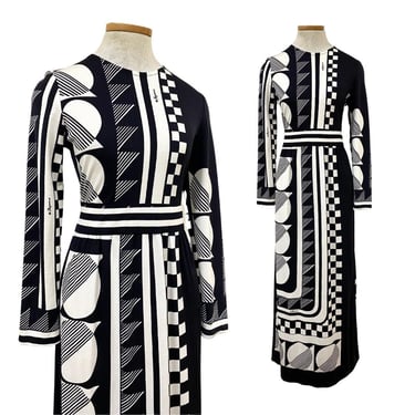 Vtg 70s 1970s Signed Paganne Designer Minimal Black White Op Art Rare Maxi Dress 