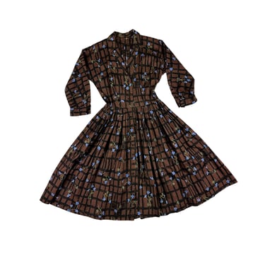 1950s Brown and Blue Floral Plaid Cotton Day Dress / Fit and Flare / 50s / Full Skirt / New Look / 26 Waist / Novelty Print / Small / S / 