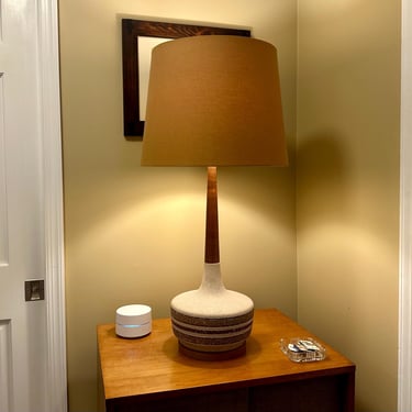 1960s Pottery Table Lamp – Mid-Century Modern Ceramic Lamp with Teak Neck – Danish Modern Studio Style - Free Shipping 