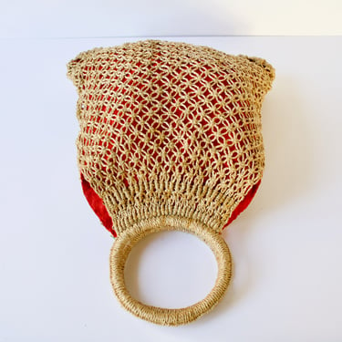 SALE - Vintage Macrame Crochet Top Handle Tote Bag - 1970s Rope Net Beach Bag - Market Bag 