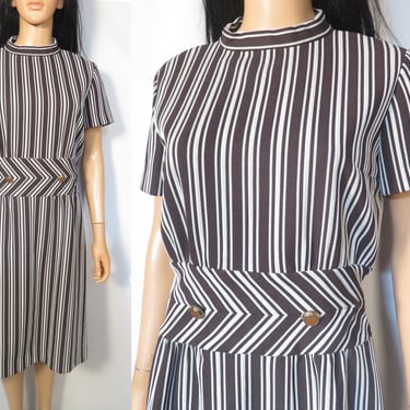 Vintage 60s Mod R&K Knits Brown And White Striped Dress Union Label Size M 
