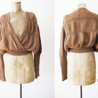 Italian Mohair Knit Long Sleeve Top - Vintage 80s Brown Knitted Slouchy Sculpted Sweater - Avant Garde Modern Clothing 