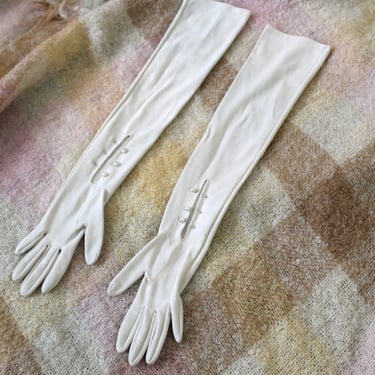 Vintage 50's 60s Super Long 23 inch Off White Beige taupe Elbow Gloves with Buttons // Size One Size Easy Fit 