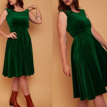 Vintage 50s 60s Forest Green Velvet Fit and Flare Midi Dress 