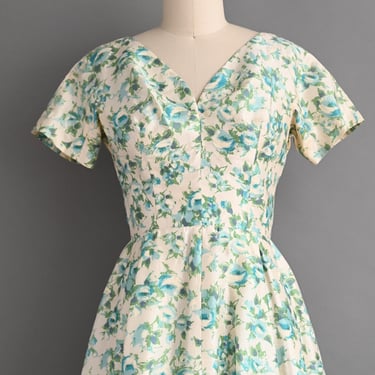 Vintage 1950s Dress | Gorgeous Blue Floral Print Silk Cocktail Party Dress | Small 