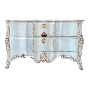 Crackled Patina Gustavian Blue Carved French Commode Dresser - Newly Painted 