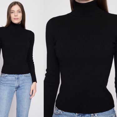 90s Banana Republic Merino Wool Turtleneck - Small | Vintage Bell Sleeve Minimalist Black Fitted Sweater 