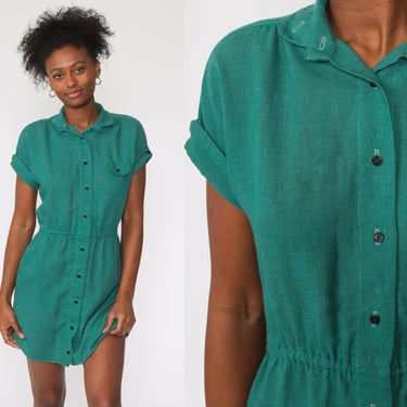 80s Mini Dress Vintage Green Shirtdress 1980s Button Up Dress Shirt Dress Secretary 1980s Cap Sleeve High Waist Collar Medium m 