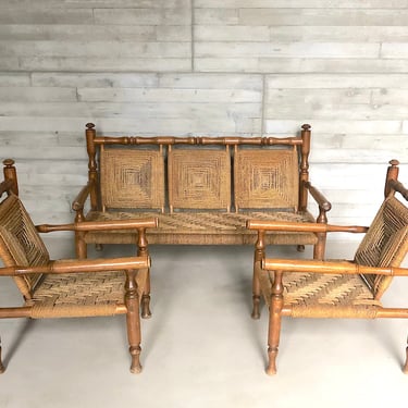 Vintage Audoux Minet Rope Armchairs and Sofa Set 