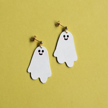 Little Blobby Ghost Earrings w/ Rosy Cheeks - Reclaimed Leather Cute Ghosts with Smiley Faces 