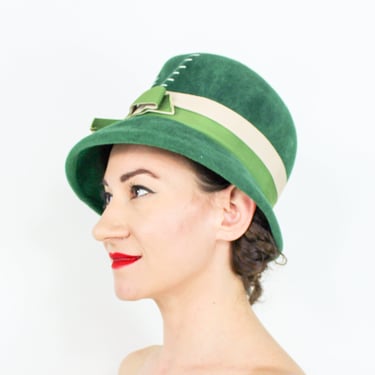 1960s Green High Crown Hat | 60s Green Wool Bucket Hat | Kelly Green Bucket Hat | Caravelle 